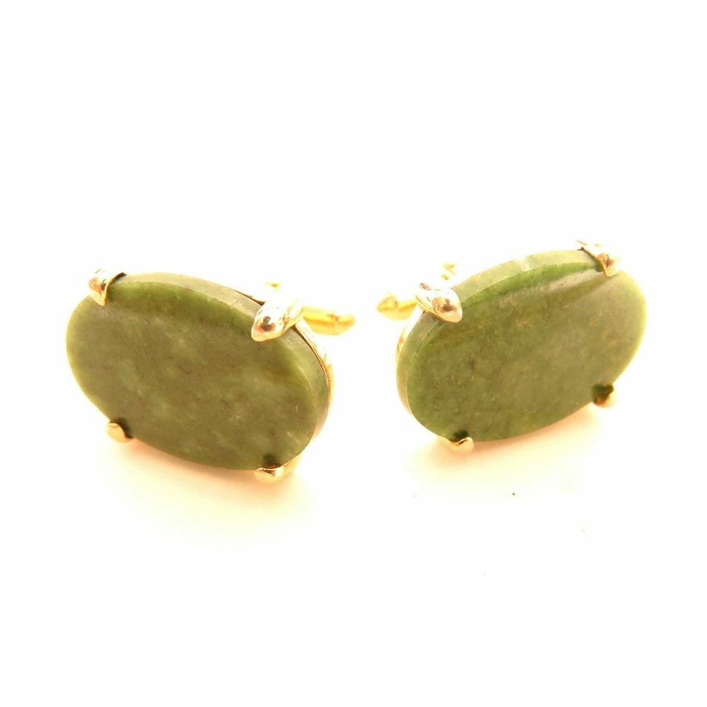 VINTAGE LARGE GREEN JADE GEMSTONE CABOCHONS‎ GOLD PLATED SWANK  CUFFLINKS*GROOM
